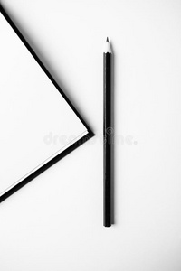 白色桌子上的书和铅笔的特写镜头。复制空间。
