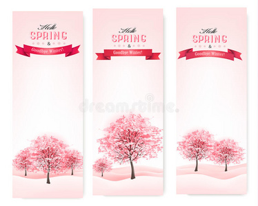 三幅樱花树春旗。