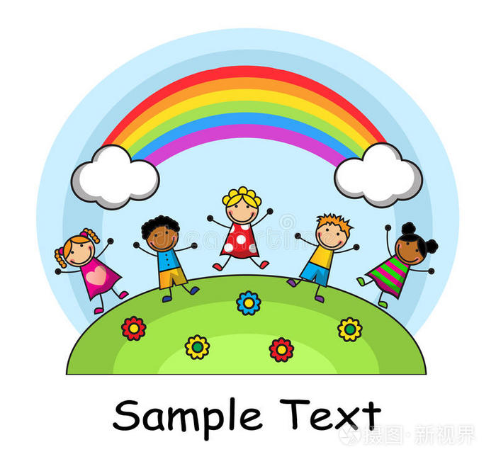 卡通小孩在彩虹的背景上跳跃