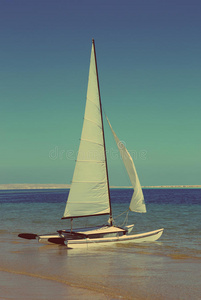 沙滩上的帆船双体船复古风格