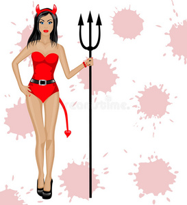 美丽的女魔鬼有角,尾巴和草叉照片