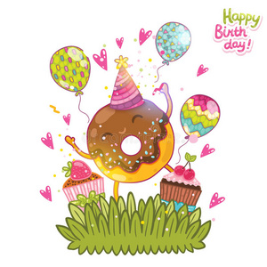 生日快乐卡片背景可爱的甜甜圈。