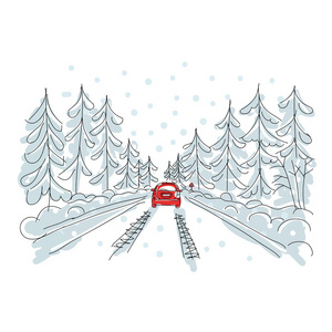 红车冬季道路上，为您的设计素描