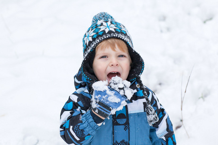 可爱的小孩男孩在冬季一天玩雪