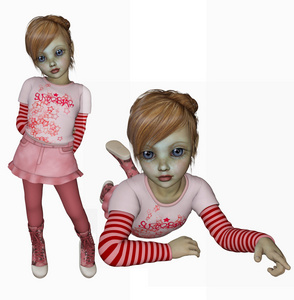 可爱的粉红色衣服摆一个模型的 3d 呈现小女孩
