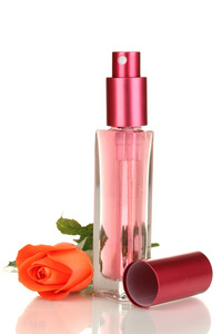 漂亮的瓶子里带着玫瑰上白色孤立的女性香水