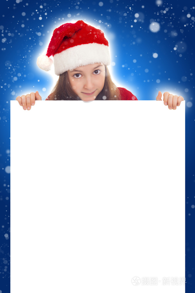 快乐的圣诞女孩持空白横幅