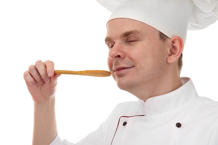 厨师用勺子在白色孤立的肖像