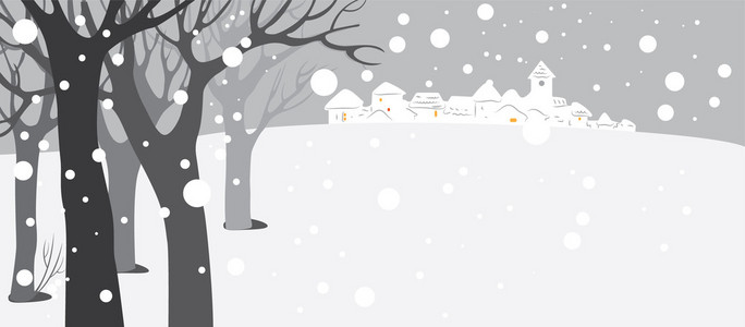 雪覆盖的背景与树木和小镇图片