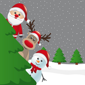圣诞老人驯鹿和背后的圣诞树雪人