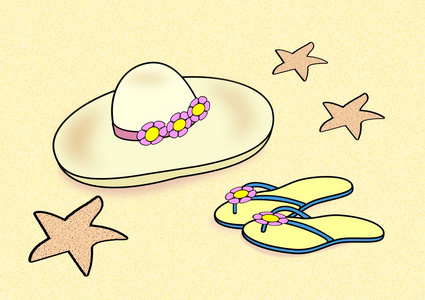 矢量平面设计图吉祥物衣柜中的手指沙滩帽矢量插图太阳帽粉红色与弓