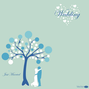 婚礼卡与新郎和新娘下蓝色背景上的树