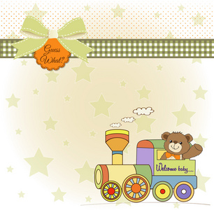 婴儿洗澡卡与泰迪熊和火车玩具