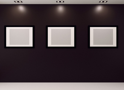 画廊的内部与黑墙上的空框架