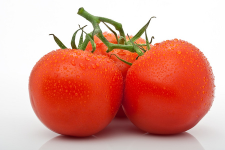 多汁的番茄与滴隔离白色背景
