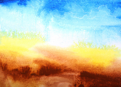 抽象水彩画的纹理背景 黄色 蓝色 棕色和白色图案夏季主题景观