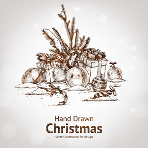 圣诞节手绘圣诞设计的毛皮树。与球 玩具和冷杉球果
