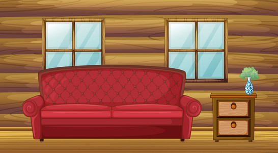 红色的沙发和木房边桌