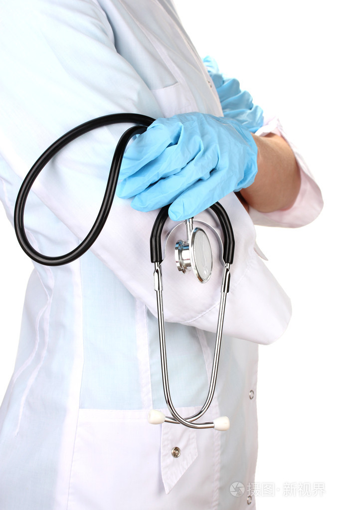 医生用听诊器在手在白色隔离
