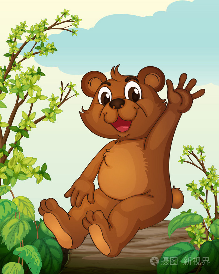 坐在木头上的一只熊