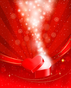 情人节那天背景与开放的红色礼品盒用弓和 r