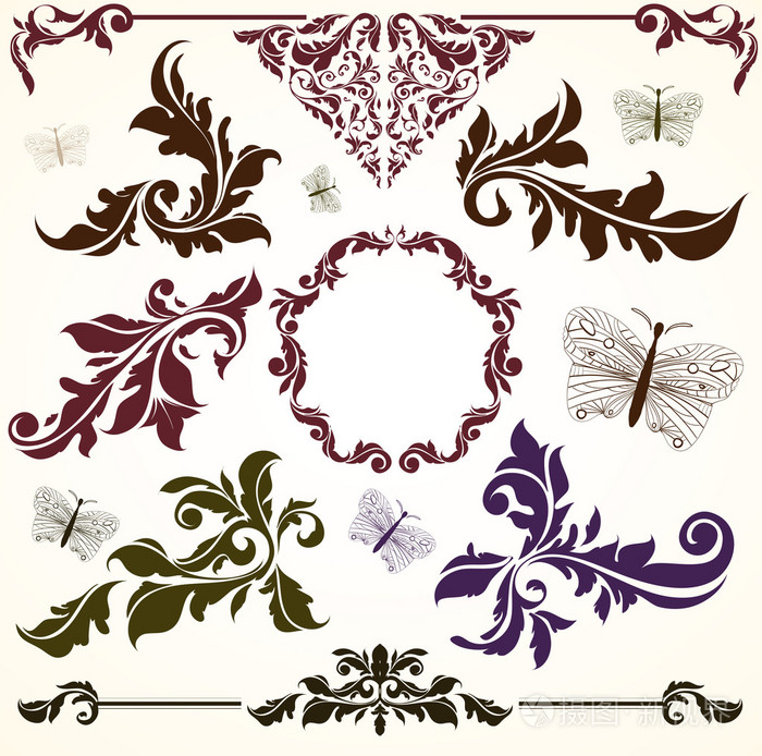 复古多彩设计元素设置为复古的设计.与枫叶和鲜花