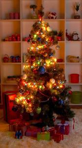 在晚上的装饰家居室内背景的圣诞树