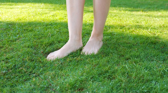 绿色的双腿在绿色的草坪上行走的双腿照片