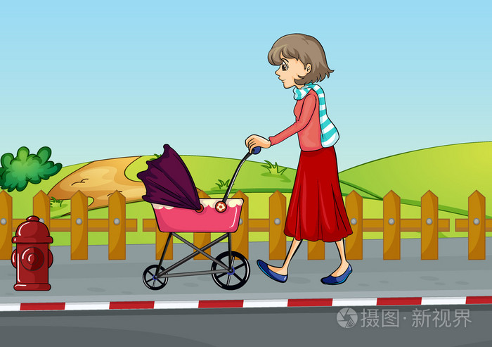 女人和孩子的婴儿车