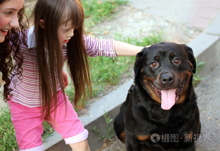 小女孩用一条大黑狗