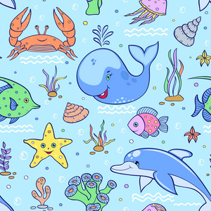 海洋和海洋股票矢量图集根据水着色书卡通快乐的小美