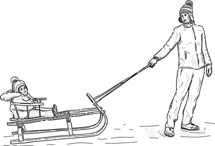 母亲和儿子雪橇插画-正版商用图片1b6p6p-摄图新视界