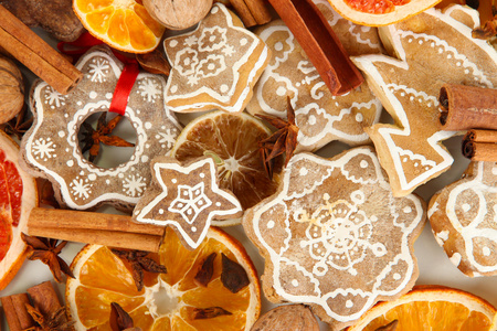干柑橘水果 香料和 cookie 特写背景