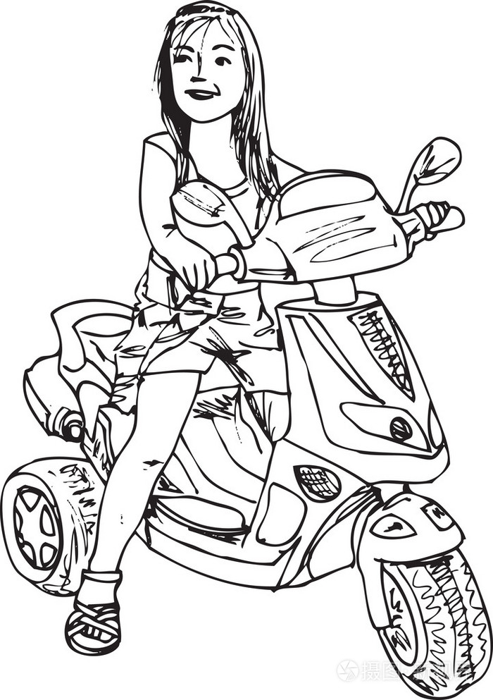 小女孩驾驶 motorcicle 的剪影.矢量插画