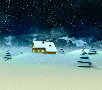 孤独山小屋与树在冬天降雪