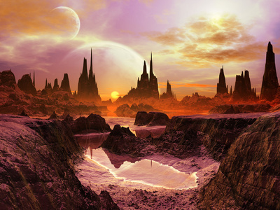 孤独星球在黄昏在遥远的星球上的两个月亮照片