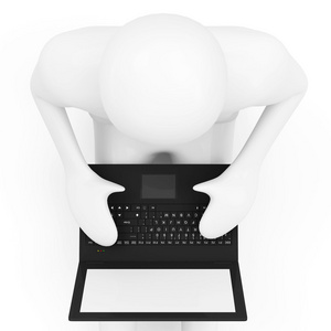 3D男子与笔记本电脑隔离在白色背景顶部视图