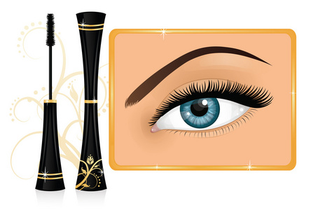 睫毛膏和女性的眼睛，用背景上的装饰品。使用效果 透明度 剪贴蒙版