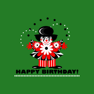 祝你生日快乐卡与小丑。矢量插画