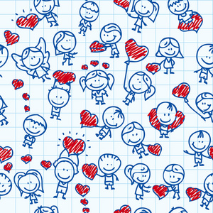 儿童与心中的爱情人节学校纸上涂鸦无缝背景图案
