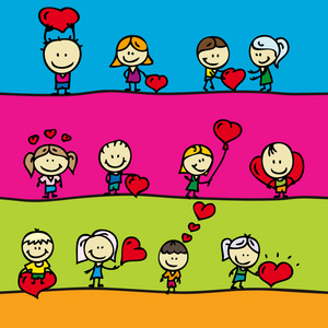 组边框与爱情人节红心涂鸦快乐儿童