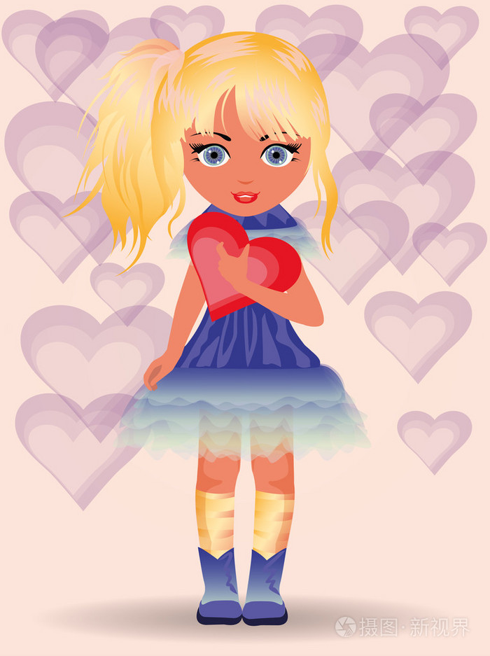 爱卡, 年轻的女孩和心脏.矢量插画