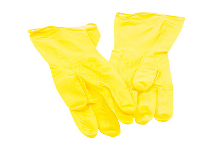 在白色的背景，孤立的黄色橡胶手套