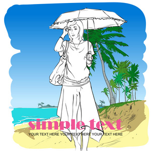 上海滩背景的素描样式的时尚女孩。矢量插图。您的文本的的地方
