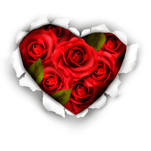 情人节心卡设计。红玫瑰和翻录的纸的心。v