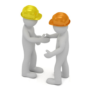 安全帽握手中的两个建筑工人。