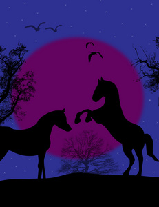 蓝色夕阳的两匹马