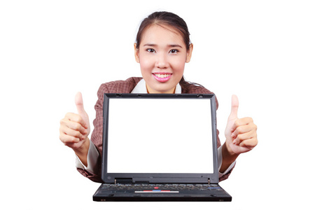 亚洲女人显示拇指之间她在白色 laptop.isolated