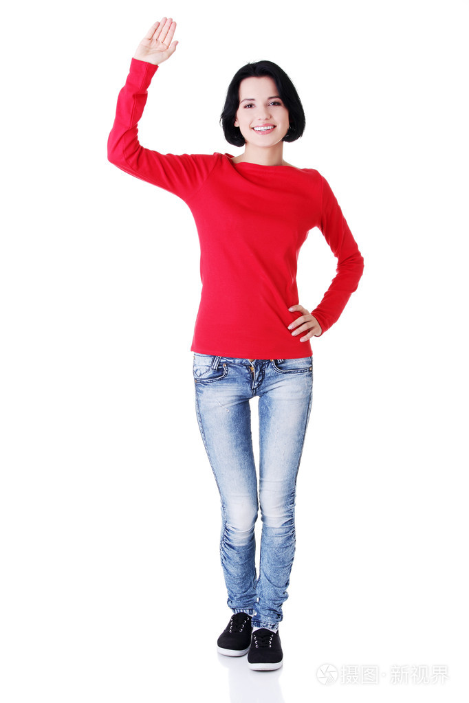 快乐少女招手致意