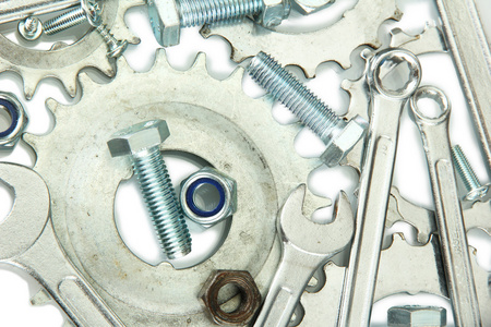 机齿轮 金属齿轮 螺母和螺栓背景 特写